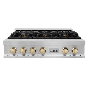 ZLINE Autograph Edition 36" Porcelain Rangetop with 6 Gas Burners in Stainless Steel and Gold Accents (RTZ-36-G)