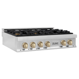 ZLINE Autograph Edition 36" Porcelain Rangetop with 6 Gas Burners in Stainless Steel and Gold Accents (RTZ-36-G)