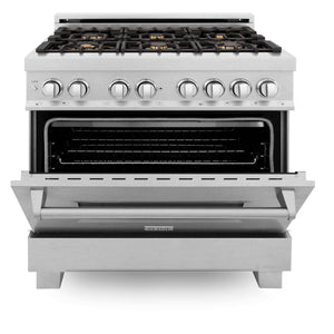 ZLINE 36" 4.6 cu ft Dual Fuel Range with Gas Stove and Electric Oven in Fingerprint Resistant Stainless Steel and Brass Burners (RAS-SN-BR-36)