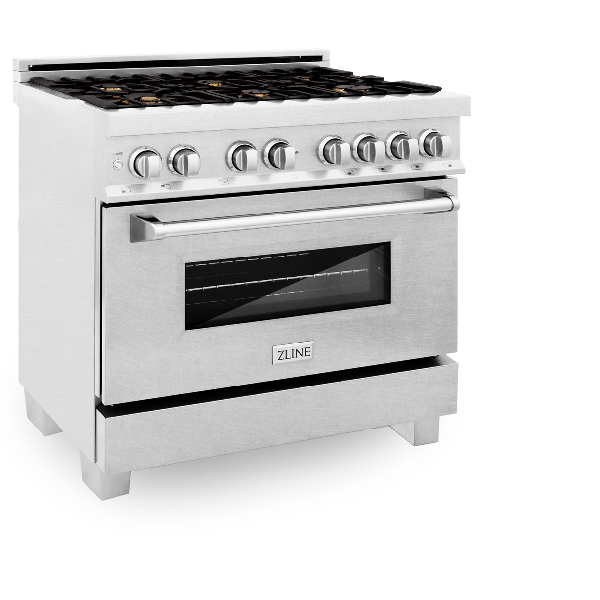 ZLINE 36" 4.6 cu ft Dual Fuel Range with Gas Stove and Electric Oven in Fingerprint Resistant Stainless Steel and Brass Burners (RAS-SN-BR-36)