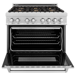 ZLINE 36" 4.6 cu ft Dual Fuel Range with Gas Stove and Electric Oven in Fingerprint Resistant Stainless Steel and Brass Burners (RAS-SN-BR-36)