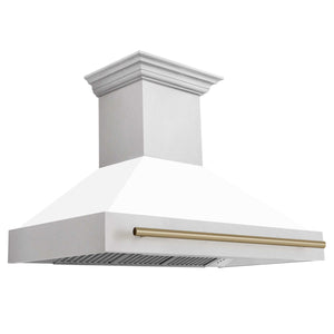 ZLINE 48" Autograph Edition Fingerprint Resistant Stainless Steel Range Hood with White Matte Shell and Champagne Bronze Handle (8654SNZ-WM48-CB)