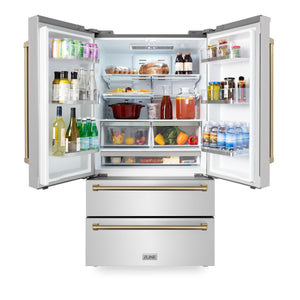 ZLINE 36" Autograph Edition 22.5 cu. ft 4-Door French Door Refrigerator with Ice Maker in Fingerprint Resistant Stainless Steel with Champagne Bronze Accents (RFMZ-36-CB)