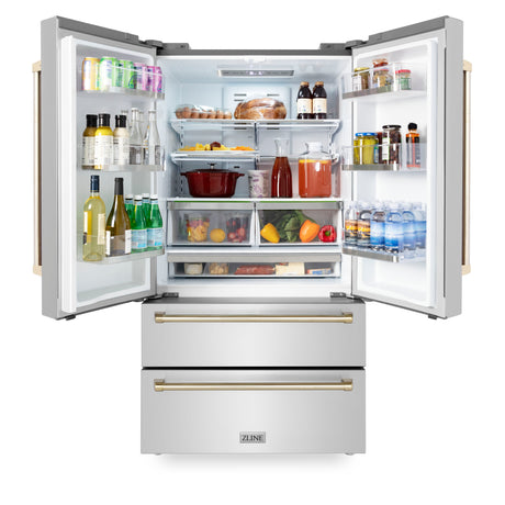 ZLINE 36" Autograph Edition 22.5 cu. ft 4-Door French Door Refrigerator with Ice Maker in Fingerprint Resistant Stainless Steel with Gold Accents (RFMZ-36-G)