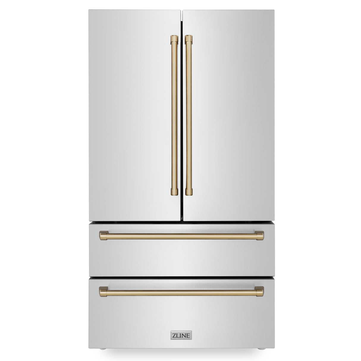 ZLINE 36" Autograph Edition 22.5 cu. ft 4-Door French Door Refrigerator with Ice Maker in Fingerprint Resistant Stainless Steel with Champagne Bronze Accents (RFMZ-36-CB)