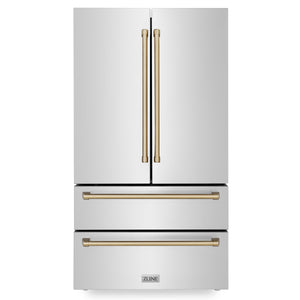 ZLINE 36" Autograph Edition 22.5 cu. ft 4-Door French Door Refrigerator with Ice Maker in Fingerprint Resistant Stainless Steel with Champagne Bronze Accents (RFMZ-36-CB)