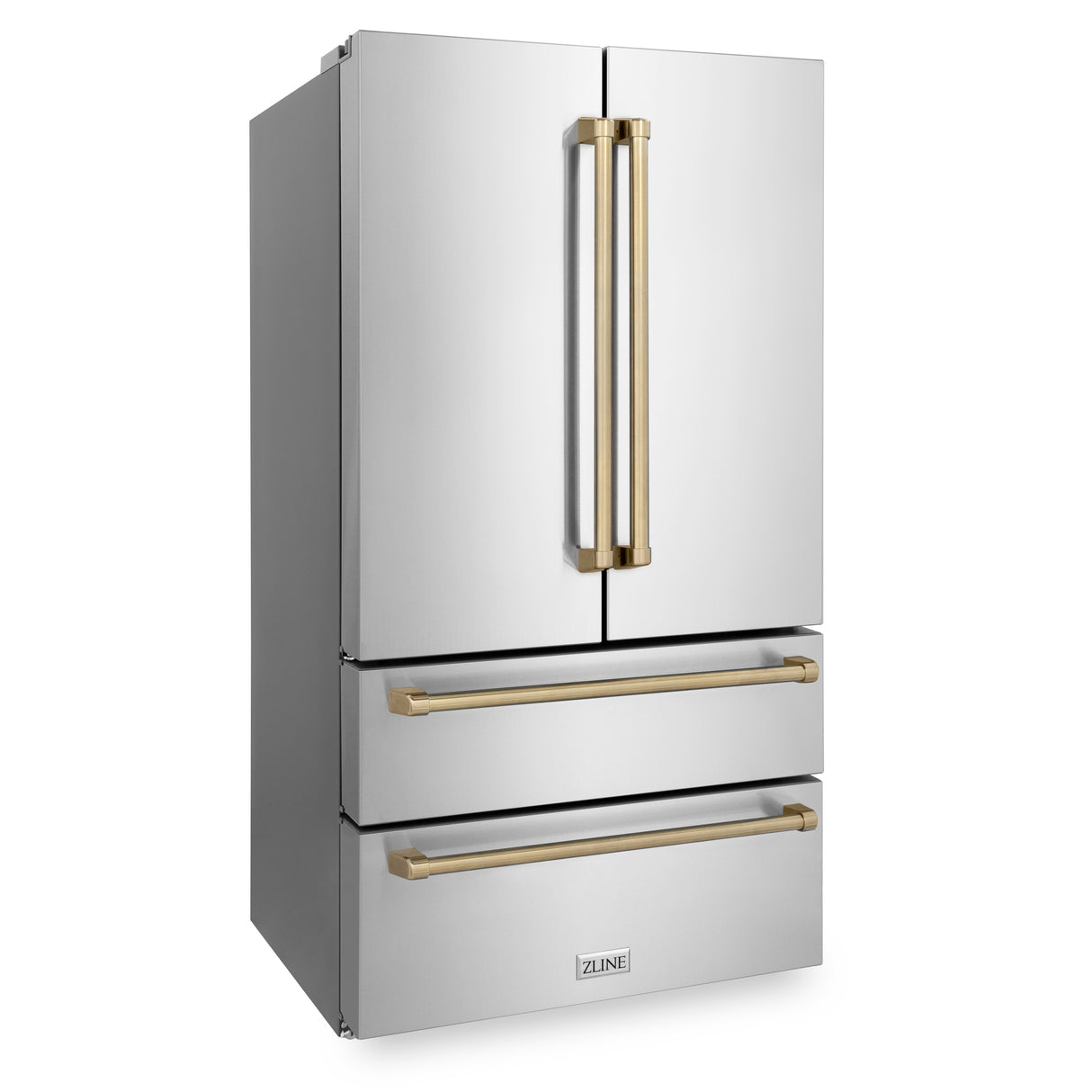 ZLINE 36" Autograph Edition 22.5 cu. ft 4-Door French Door Refrigerator with Ice Maker in Fingerprint Resistant Stainless Steel with Champagne Bronze Accents (RFMZ-36-CB)