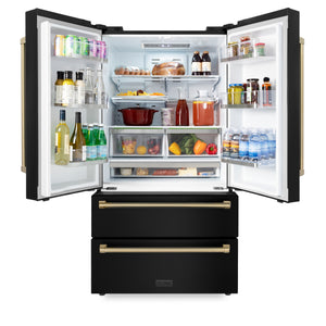 ZLINE 36" Autograph Edition 22.5 cu. ft 4-Door French Door Refrigerator with Ice Maker in Fingerprint Resistant Black Stainless Steel with Champagne Bronze Accents (RFMZ-36-BS-CB)