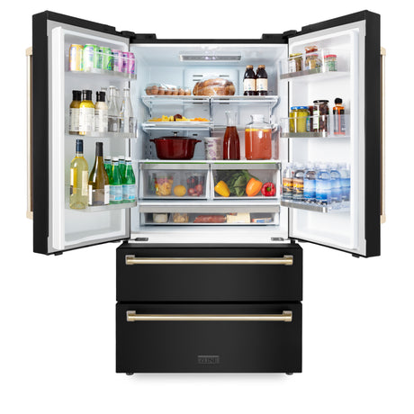 ZLINE 36" Autograph Edition 22.5 cu. ft 4-Door French Door Refrigerator with Ice Maker in Fingerprint Resistant Black Stainless Steel with Gold Accents (RFMZ-36-BS-G)