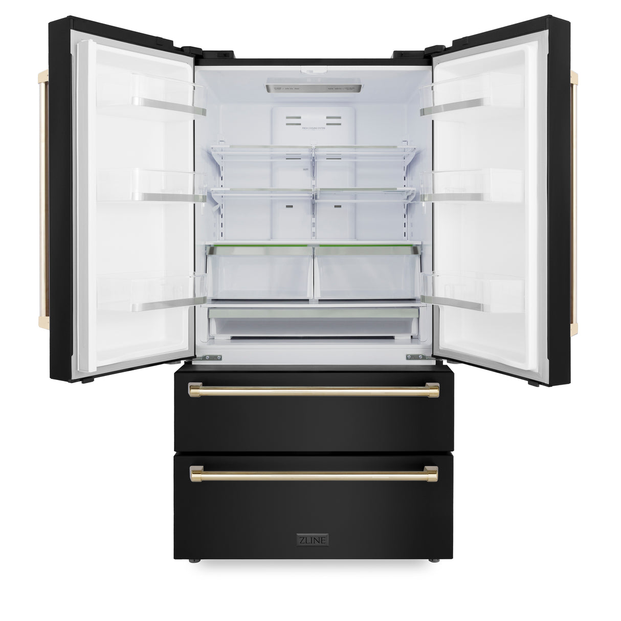 ZLINE 36" Autograph Edition 22.5 cu. ft 4-Door French Door Refrigerator with Ice Maker in Fingerprint Resistant Black Stainless Steel with Gold Accents (RFMZ-36-BS-G)