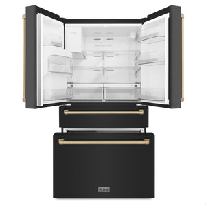 ZLINE 36" Autograph Edition 21.6 cu. ft 4-Door French Door Refrigerator with Water and Ice Dispenser in Fingerprint Resistant Black Stainless Steel with Champagne Bronze Handles (RFMZ-W-36-BS-CB)