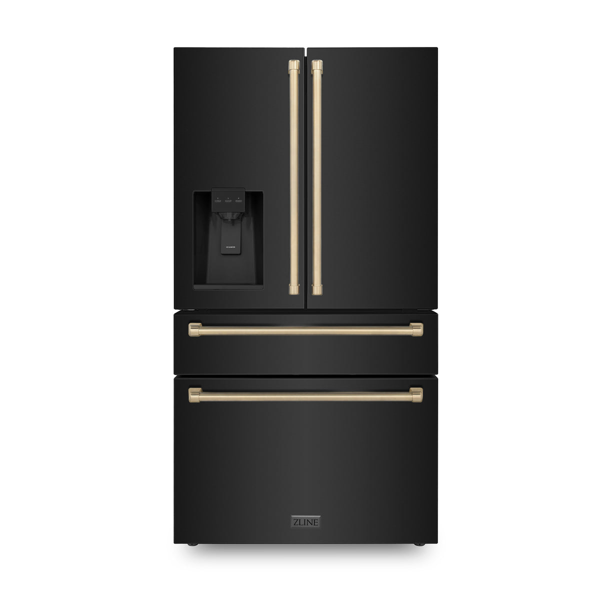 ZLINE 36" Autograph Edition 21.6 cu. ft 4-Door French Door Refrigerator with Water and Ice Dispenser in Fingerprint Resistant Black Stainless Steel with Champagne Bronze Handles (RFMZ-W-36-BS-CB)