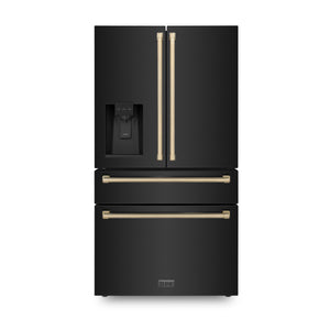 ZLINE 36" Autograph Edition 21.6 cu. ft 4-Door French Door Refrigerator with Water and Ice Dispenser in Fingerprint Resistant Black Stainless Steel with Champagne Bronze Handles (RFMZ-W-36-BS-CB)