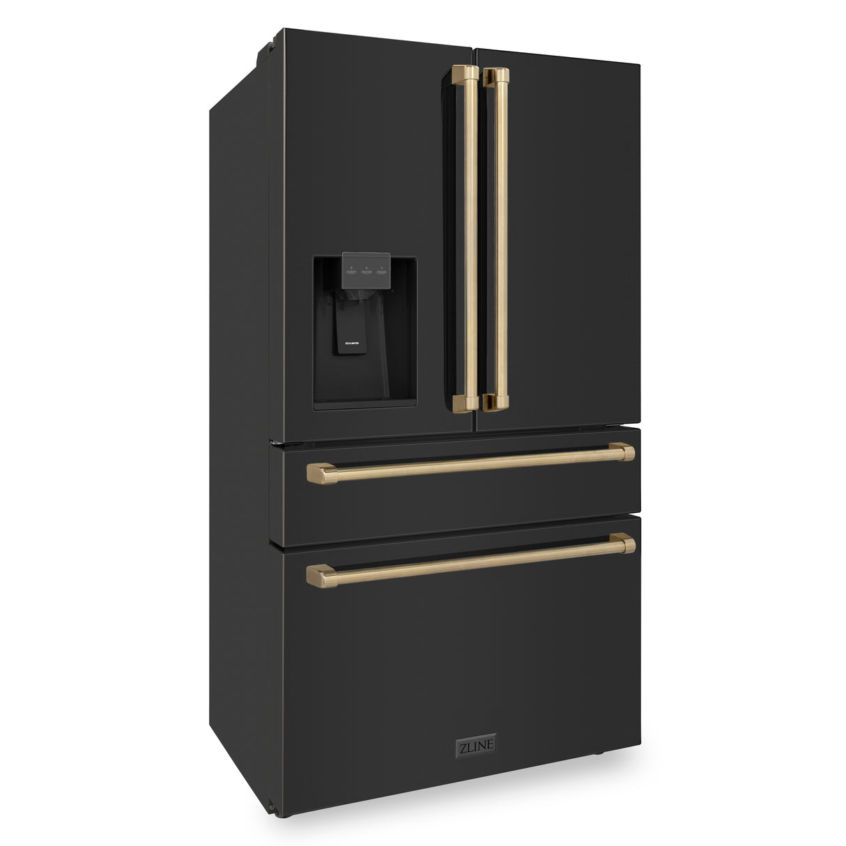 ZLINE 36" Autograph Edition 21.6 cu. ft 4-Door French Door Refrigerator with Water and Ice Dispenser in Fingerprint Resistant Black Stainless Steel with Champagne Bronze Handles (RFMZ-W-36-BS-CB)