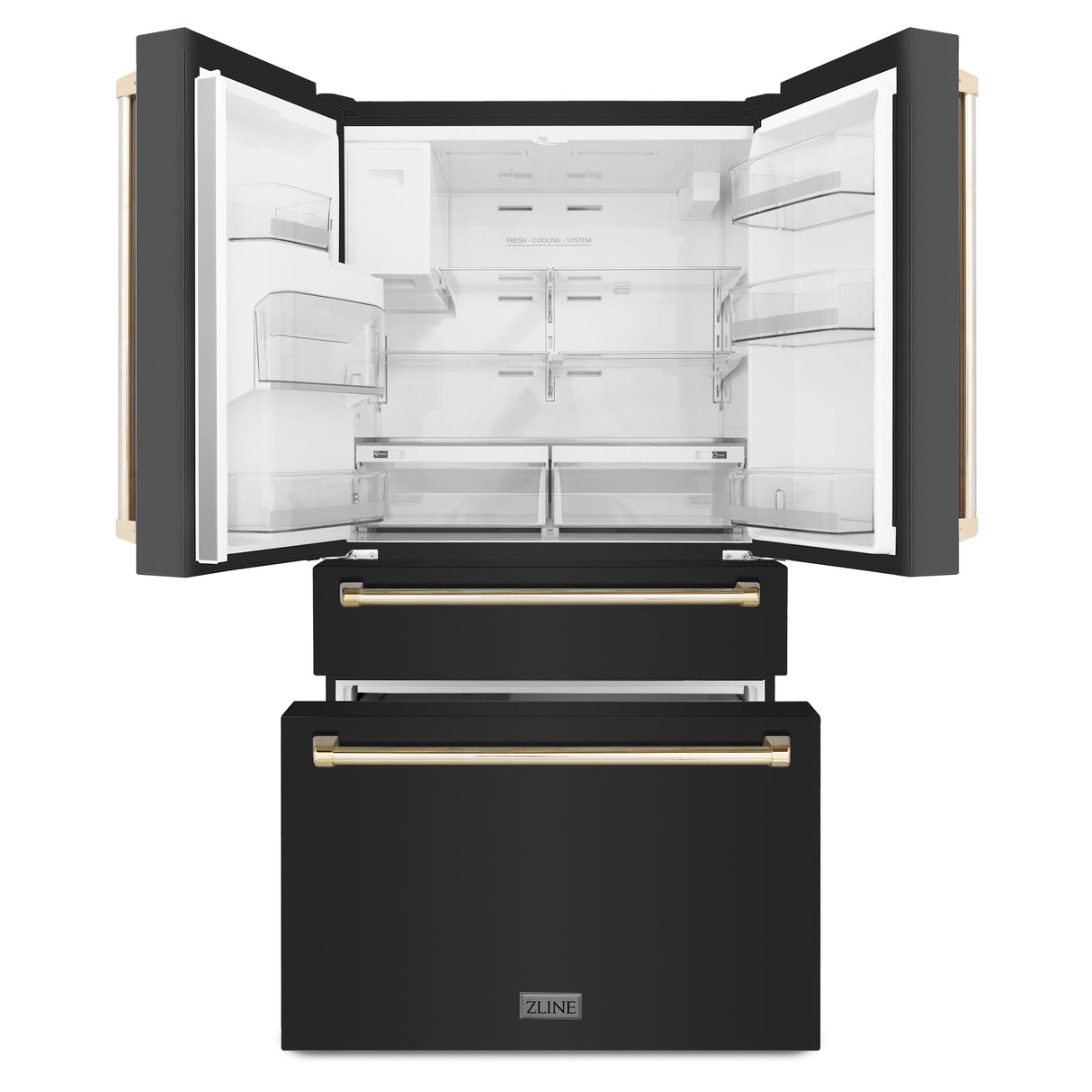 ZLINE 36" Autograph Edition 21.6 cu. ft 4-Door French Door Refrigerator with Water and Ice Dispenser in Fingerprint Resistant Black Stainless Steel with Gold Handles (RFMZ-W-36-BS-G)