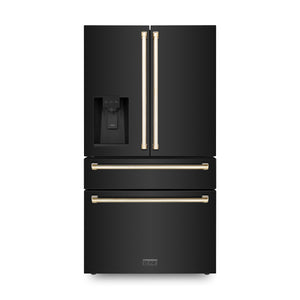 ZLINE 36" Autograph Edition 21.6 cu. ft 4-Door French Door Refrigerator with Water and Ice Dispenser in Fingerprint Resistant Black Stainless Steel with Gold Handles (RFMZ-W-36-BS-G)