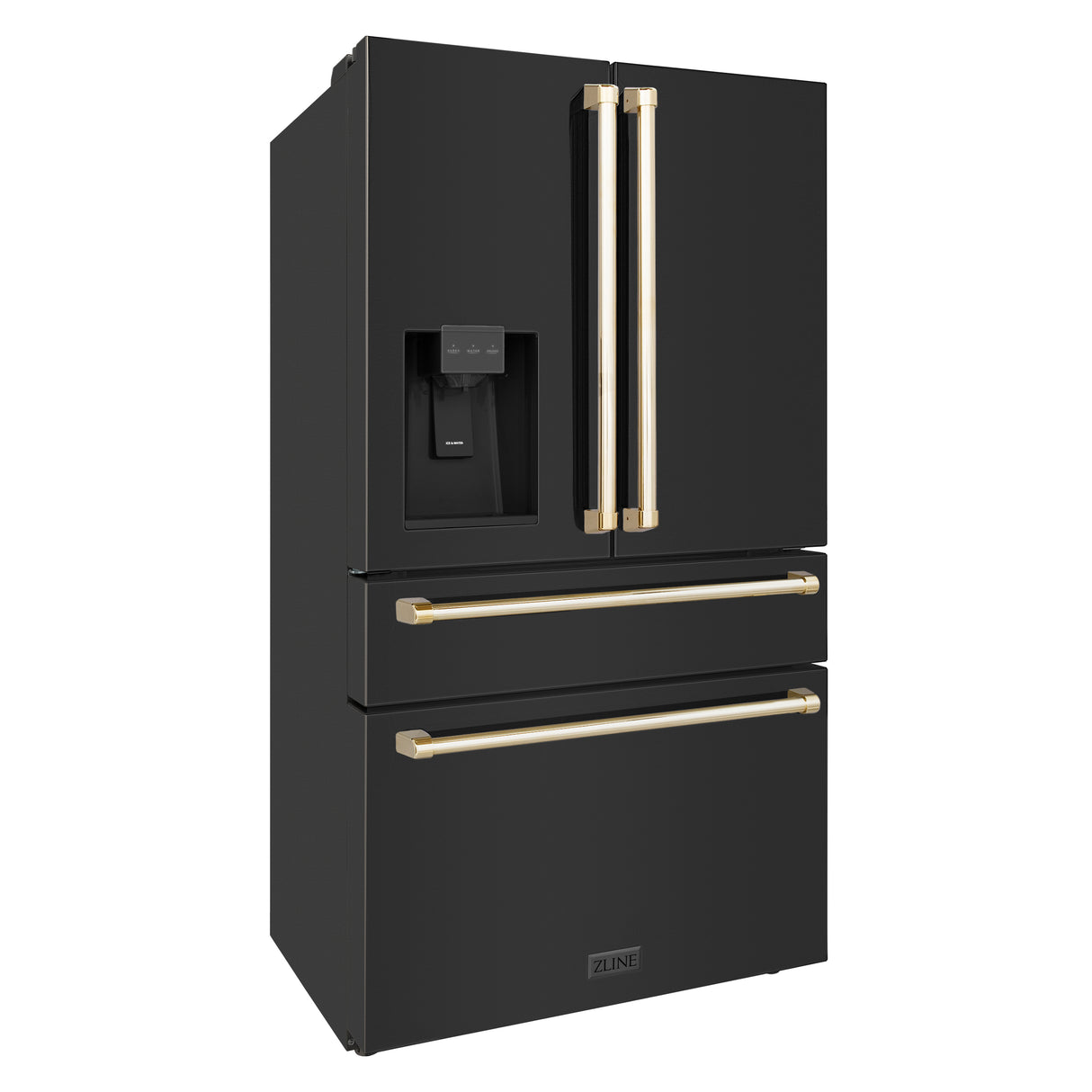 ZLINE 36" Autograph Edition 21.6 cu. ft 4-Door French Door Refrigerator with Water and Ice Dispenser in Fingerprint Resistant Black Stainless Steel with Gold Handles (RFMZ-W-36-BS-G)