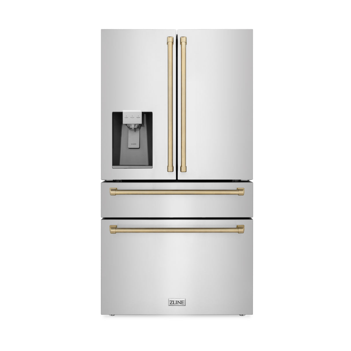 ZLINE 36" Autograph Edition 21.6 cu. ft 4-Door French Door Refrigerator with Water and Ice Dispenser in Fingerprint Resistant Stainless Steel with Champagne Bronze Accents (RFMZ-W-36-CB)