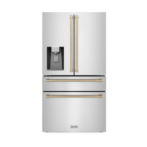 ZLINE 36" Autograph Edition 21.6 cu. ft 4-Door French Door Refrigerator with Water and Ice Dispenser in Fingerprint Resistant Stainless Steel with Champagne Bronze Accents (RFMZ-W-36-CB)