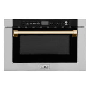 ZLINE Autograph Edition 24" 1.2 cu ft Built-in Microwave Drawer with a Traditional Handle in Stainless Steel and Gold Accents (MWDZ-1-H-G)