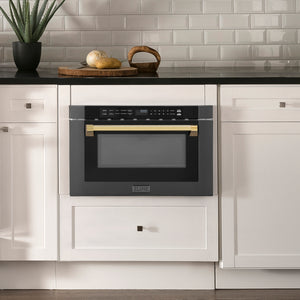 ZLINE Autograph Edition 24" 1.2 cu ft Built-in Microwave Drawer in Black Stainless Steel and Gold Accents (MWDZ-1-BS-H-G)