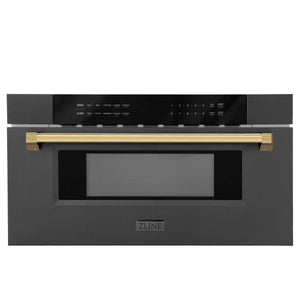 ZLINE Autograph Edition 30" 1.2 cu ft Built-in Microwave Drawer in Black Stainless Steel and Gold Accents (MWDZ-30-BS-G)