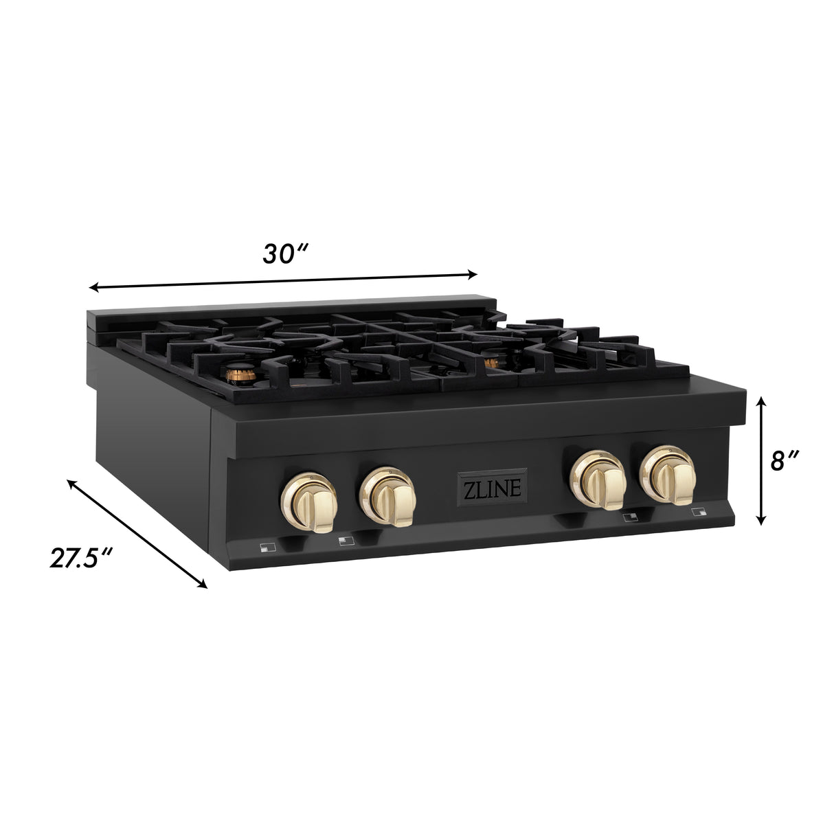 ZLINE Autograph Edition 30" Porcelain Rangetop with 4 Gas Burners in Black Stainless Steel and Gold Accents (RTBZ-30-G)