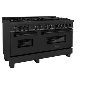 ZLINE 60" 7.4 cu ft Dual Fuel Range with Gas Stove and Electric Oven in Black Stainless Steel with Brass Burners (RAB-60)