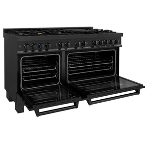 ZLINE 60" 7.4 cu ft Dual Fuel Range with Gas Stove and Electric Oven in Black Stainless Steel with Brass Burners (RAB-60)