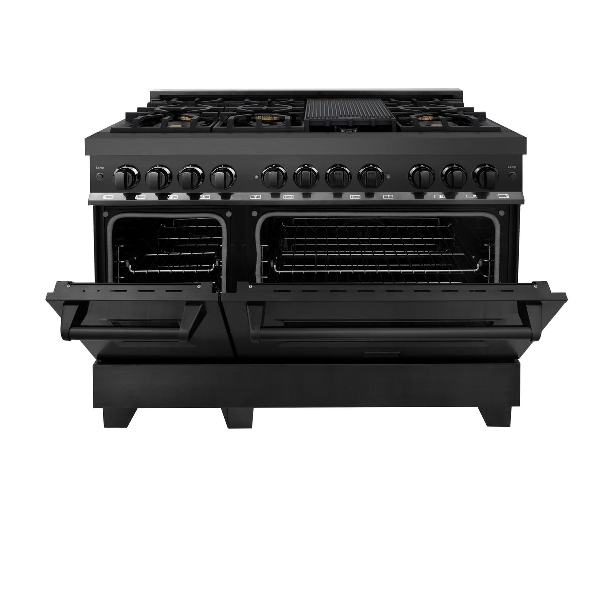 ZLINE 48" 6.0 cu ft Dual Fuel Range with Gas Stove and Electric Oven in Black Stainless Steel with Brass Burners (RAB-BR-48)