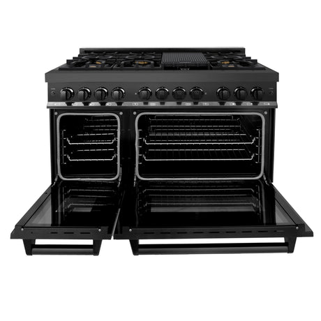 ZLINE 48" 6.0 cu ft Dual Fuel Range with Gas Stove and Electric Oven in Black Stainless Steel with Brass Burners (RAB-BR-48)