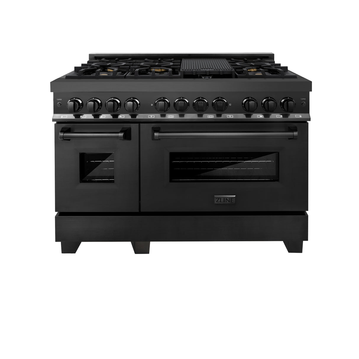 ZLINE 48" 6.0 cu ft Dual Fuel Range with Gas Stove and Electric Oven in Black Stainless Steel with Brass Burners (RAB-BR-48)