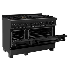 ZLINE 48" 6.0 cu ft Dual Fuel Range with Gas Stove and Electric Oven in Black Stainless Steel with Brass Burners (RAB-BR-48)