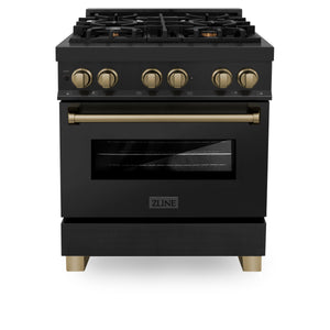 ZLINE Autograph Edition 30" 4.0 cu ft Dual Fuel Range with Gas Stove and Electric Oven in Black Stainless Steel with Champagne Bronze Accents (RABZ-30-CB)