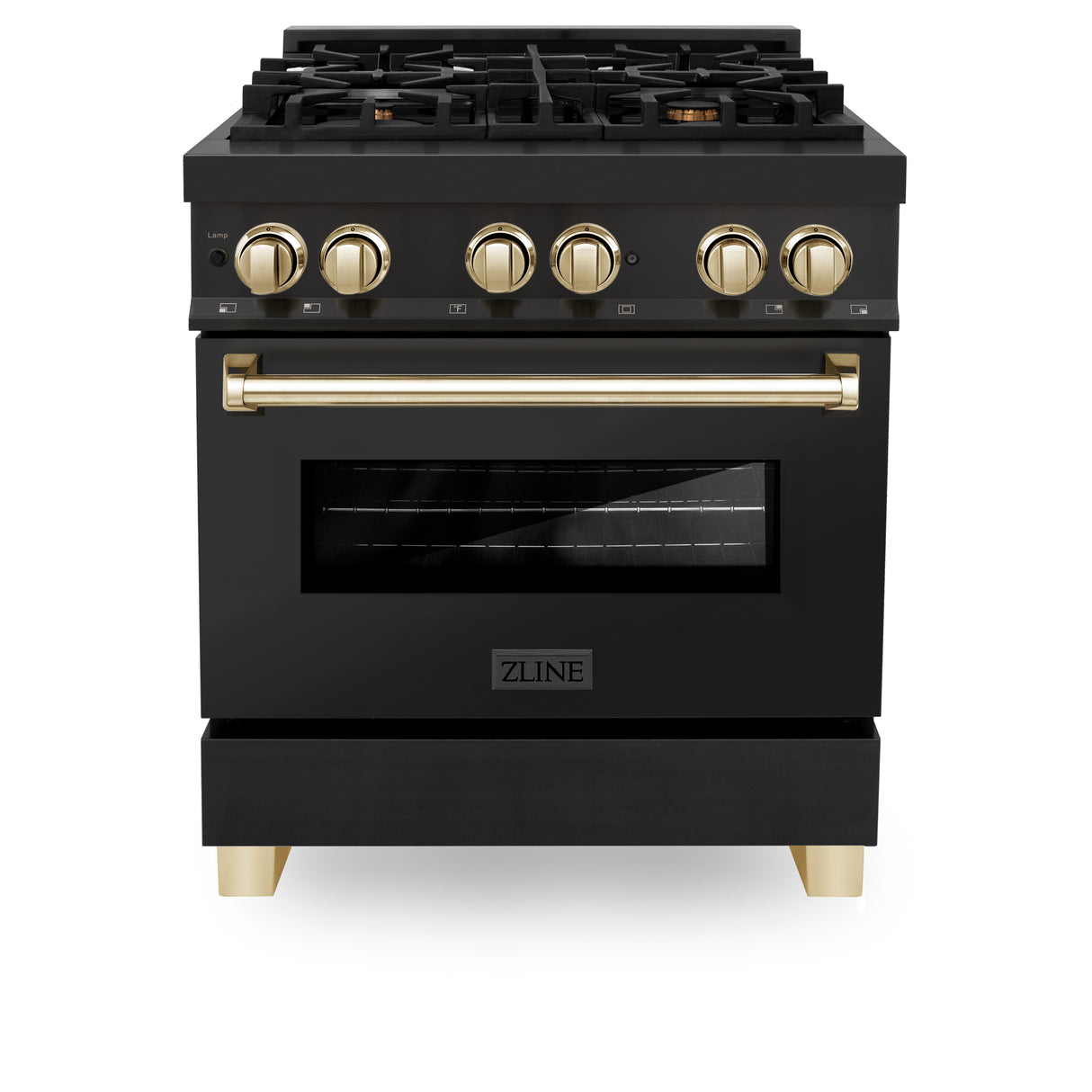 ZLINE Autograph Edition 30" 4.0 cu ft Dual Fuel Range with Gas Stove and Electric Oven in Black Stainless Steel with Gold Accents (RABZ-30-G)