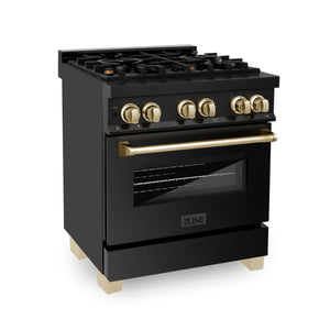 ZLINE Autograph Edition 30" 4.0 cu ft Dual Fuel Range with Gas Stove and Electric Oven in Black Stainless Steel with Gold Accents (RABZ-30-G)