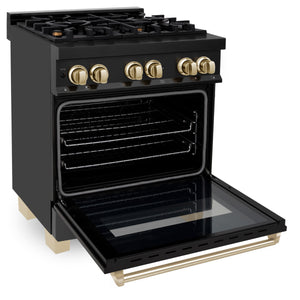 ZLINE Autograph Edition 30" 4.0 cu ft Dual Fuel Range with Gas Stove and Electric Oven in Black Stainless Steel with Gold Accents (RABZ-30-G)