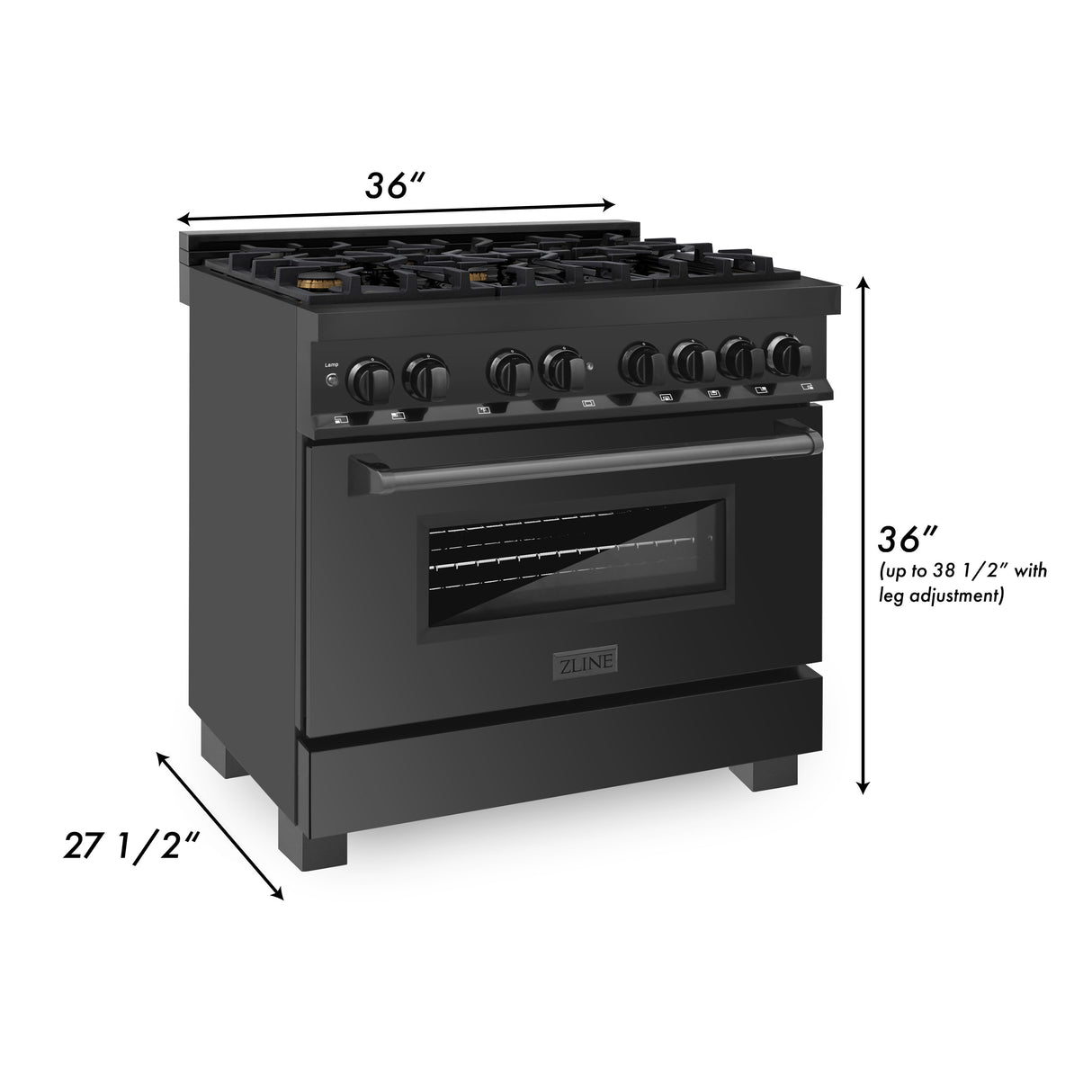 ZLINE 36" 4.6 cu ft Dual Fuel Range with Gas Stove and Electric Oven in Black Stainless Steel with Brass Burners (RAB-BR-36)