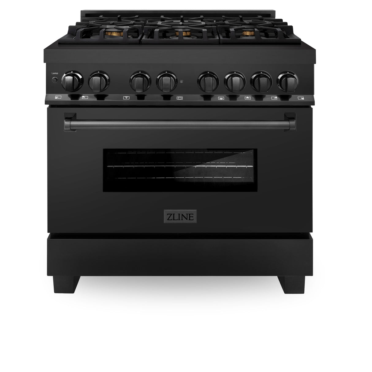 ZLINE 36" 4.6 cu ft Dual Fuel Range with Gas Stove and Electric Oven in Black Stainless Steel with Brass Burners (RAB-BR-36)