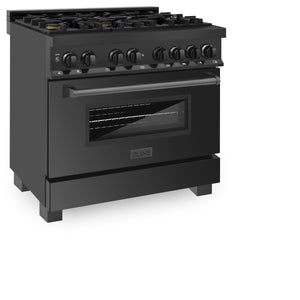 ZLINE 36" 4.6 cu ft Dual Fuel Range with Gas Stove and Electric Oven in Black Stainless Steel with Brass Burners (RAB-BR-36)