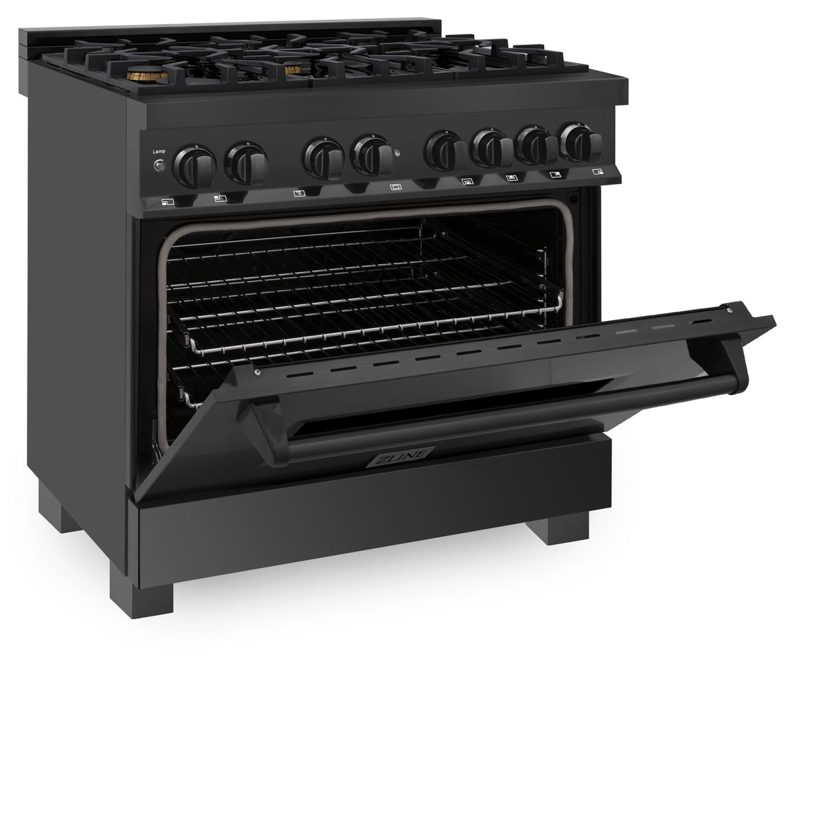 ZLINE 36" 4.6 cu ft Dual Fuel Range with Gas Stove and Electric Oven in Black Stainless Steel with Brass Burners (RAB-BR-36)