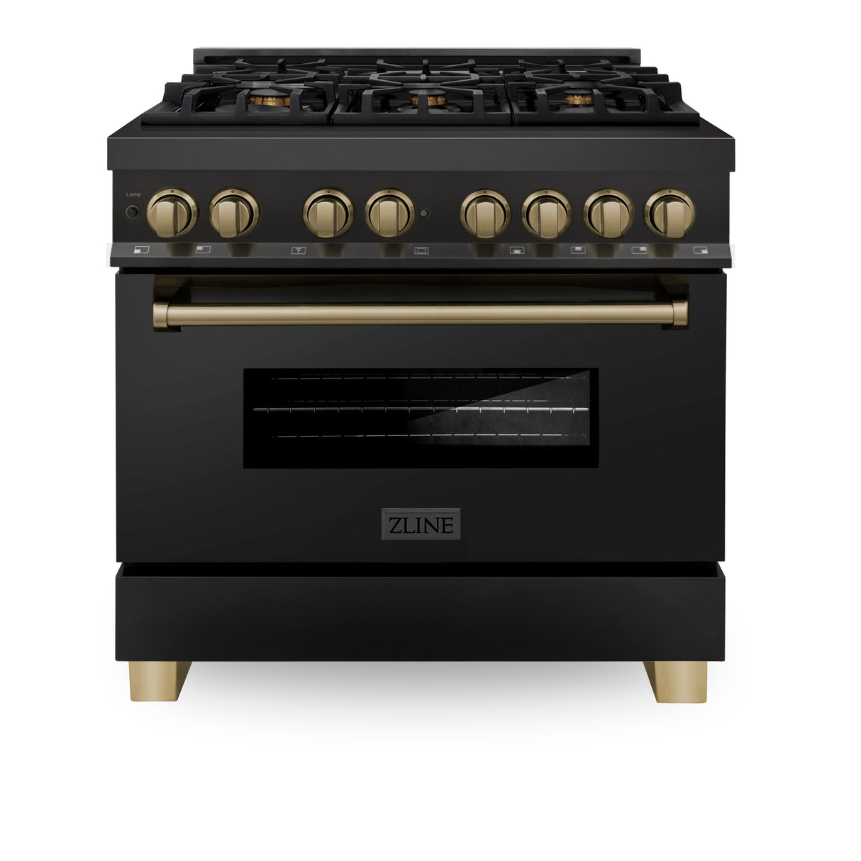 ZLINE Autograph Edition 36" 4.6 cu ft Dual Fuel Range with Gas Stove and Electric Oven in Black Stainless Steel with Champagne Bronze Accents (RABZ-36-CB)