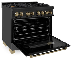 ZLINE Autograph Edition 36" 4.6 cu ft Dual Fuel Range with Gas Stove and Electric Oven in Black Stainless Steel with Champagne Bronze Accents (RABZ-36-CB)