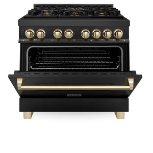 ZLINE Autograph Edition 36" 4.6 cu ft Dual Fuel Range with Gas Stove and Electric Oven in Black Stainless Steel with Gold Accents (RABZ-36-G)