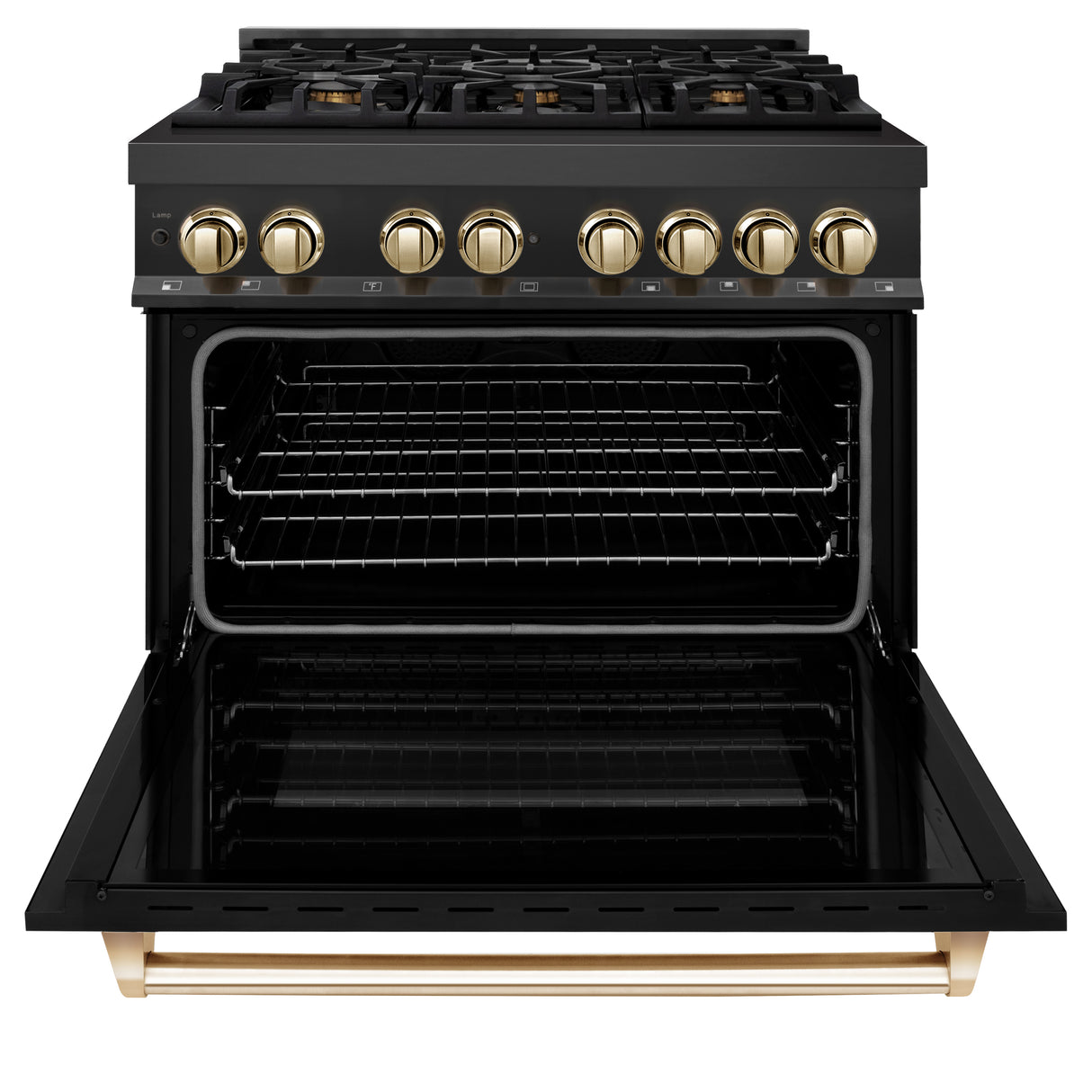 ZLINE Autograph Edition 36" 4.6 cu ft Dual Fuel Range with Gas Stove and Electric Oven in Black Stainless Steel with Gold Accents (RABZ-36-G)