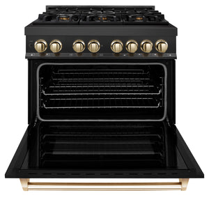 ZLINE Autograph Edition 36" 4.6 cu ft Dual Fuel Range with Gas Stove and Electric Oven in Black Stainless Steel with Gold Accents (RABZ-36-G)