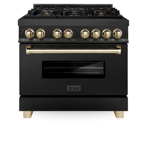 ZLINE Autograph Edition 36" 4.6 cu ft Dual Fuel Range with Gas Stove and Electric Oven in Black Stainless Steel with Gold Accents (RABZ-36-G)