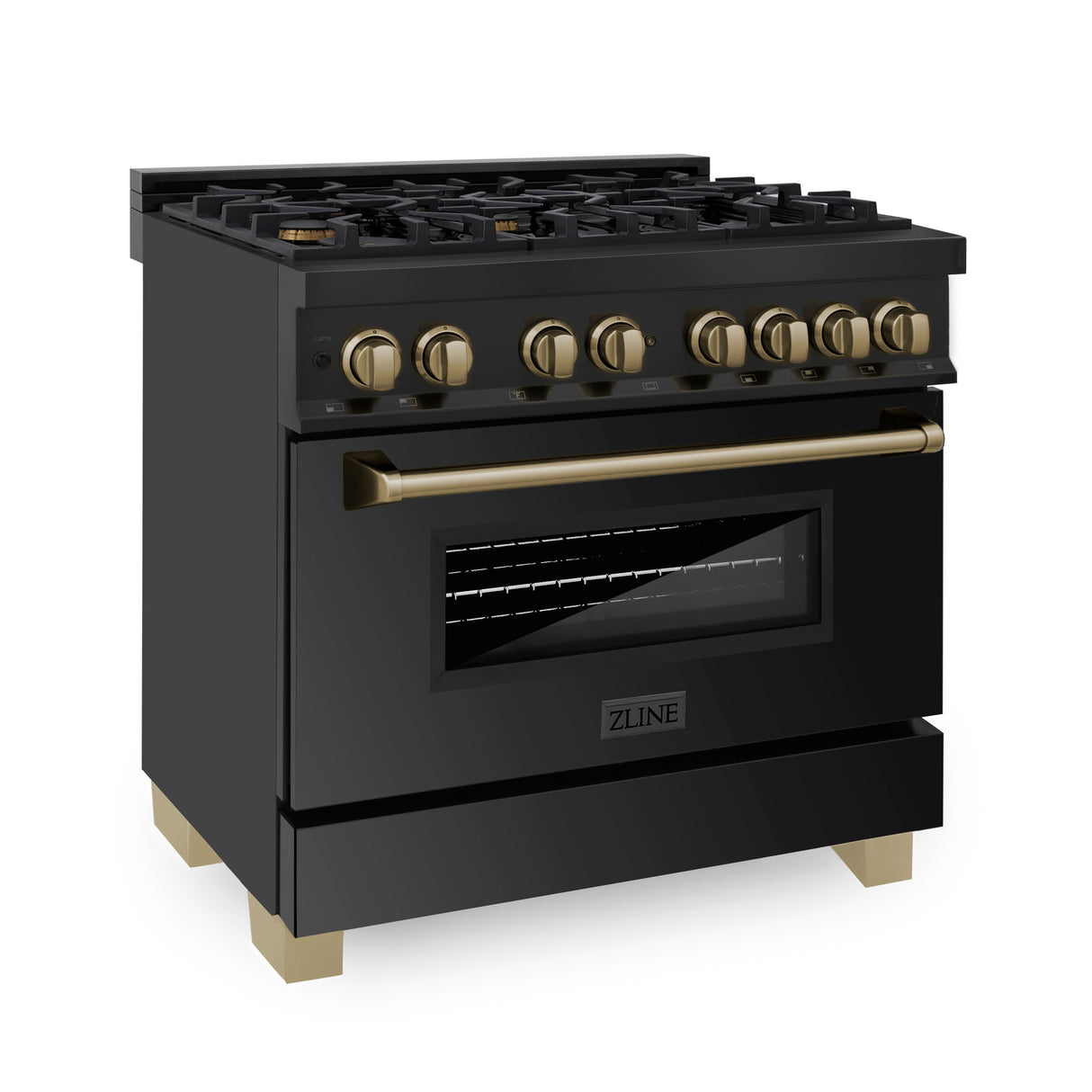 ZLINE Autograph Edition 36" 4.6 cu ft Dual Fuel Range with Gas Stove and Electric Oven in Black Stainless Steel with Champagne Bronze Accents (RABZ-36-CB)