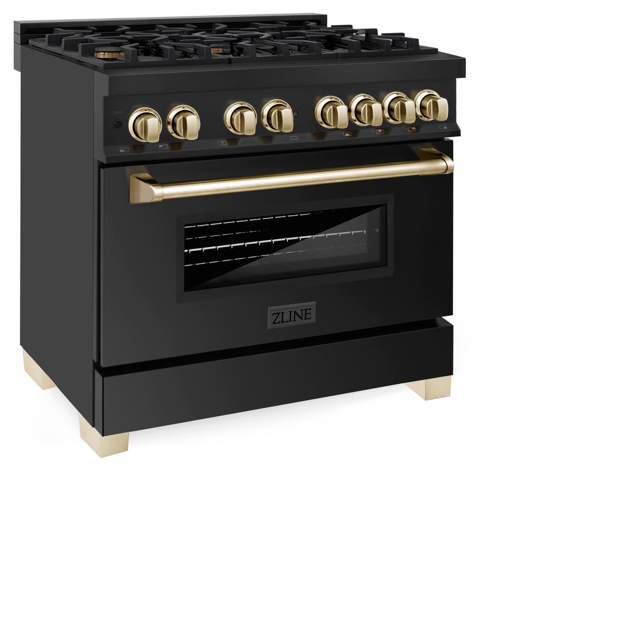 ZLINE Autograph Edition 36" 4.6 cu ft Dual Fuel Range with Gas Stove and Electric Oven in Black Stainless Steel with Gold Accents (RABZ-36-G)