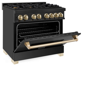 ZLINE Autograph Edition 36" 4.6 cu ft Dual Fuel Range with Gas Stove and Electric Oven in Black Stainless Steel with Gold Accents (RABZ-36-G)